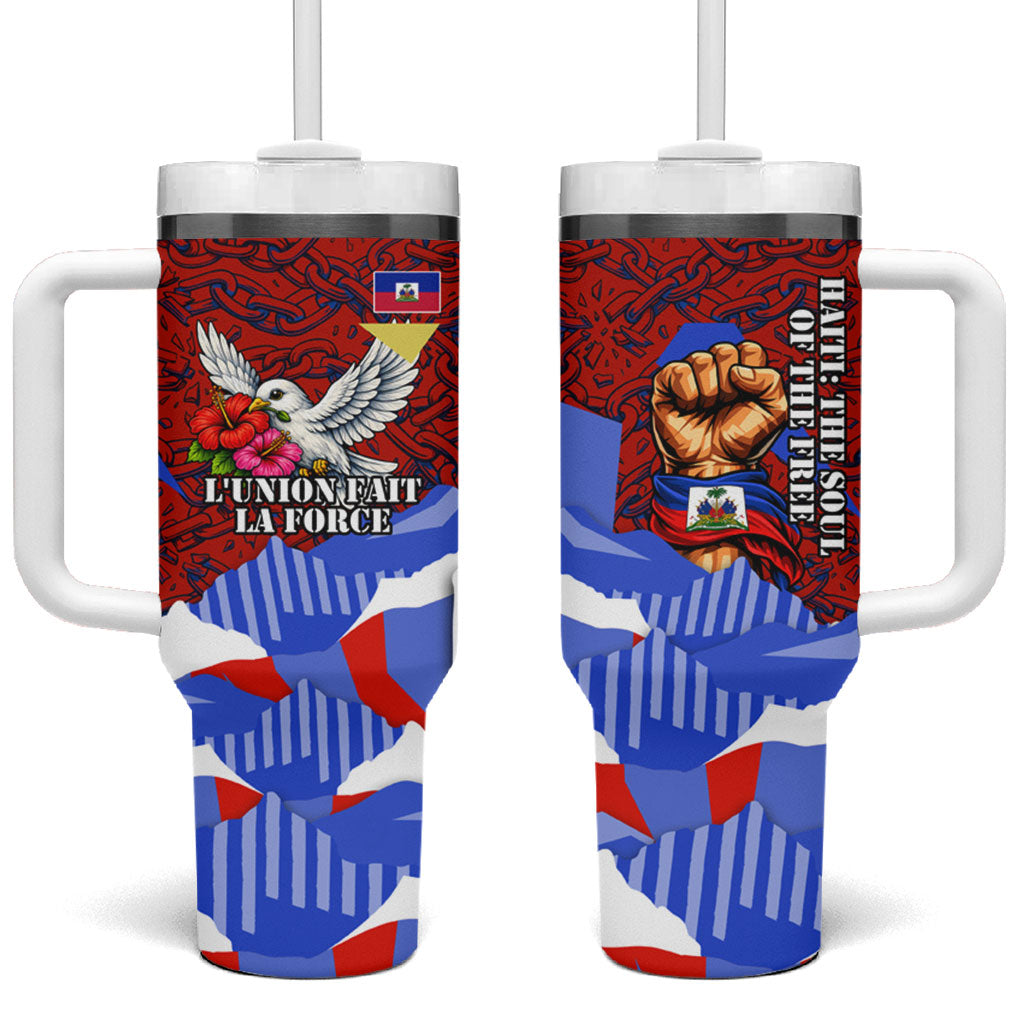 Haiti Flag Day Soul Of The Free L Union Fait La Force Tumbler With Handle Peace Dove And Power Fist Art With Hibiscus And Broken Chains