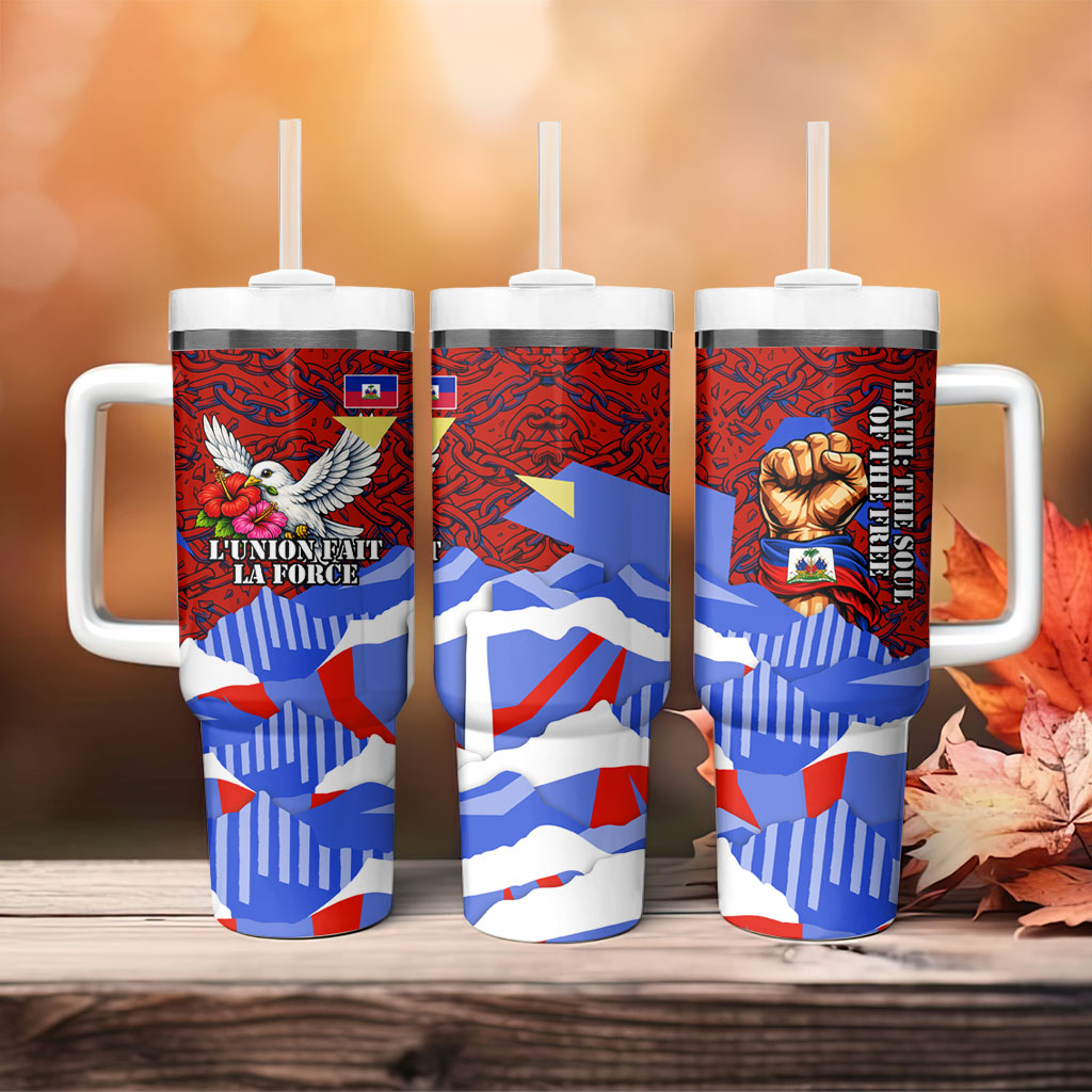 Haiti Flag Day Soul Of The Free L Union Fait La Force Tumbler With Handle Peace Dove And Power Fist Art With Hibiscus And Broken Chains