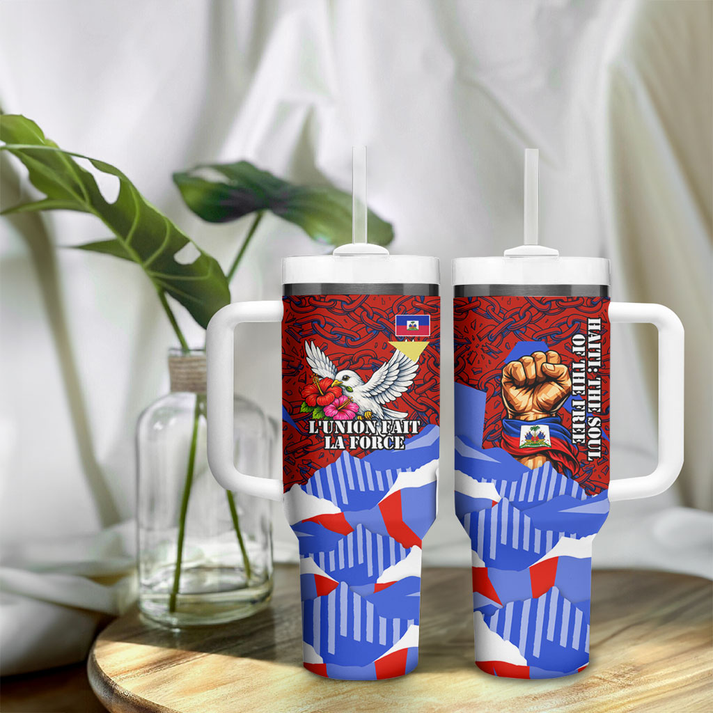 Haiti Flag Day Soul Of The Free L Union Fait La Force Tumbler With Handle Peace Dove And Power Fist Art With Hibiscus And Broken Chains