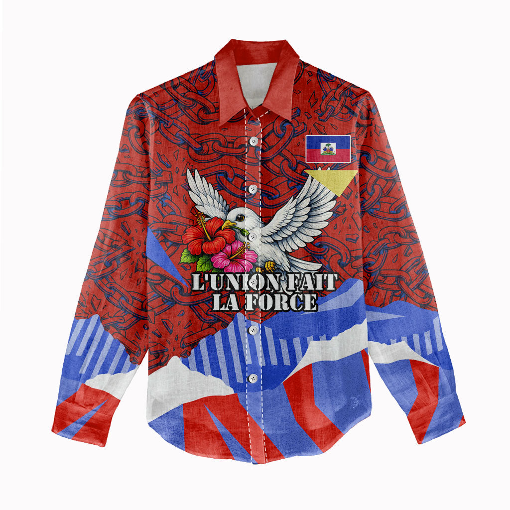 Haiti Flag Day Soul Of The Free L Union Fait La Force Women Casual Shirt Peace Dove And Power Fist Art With Hibiscus And Broken Chains