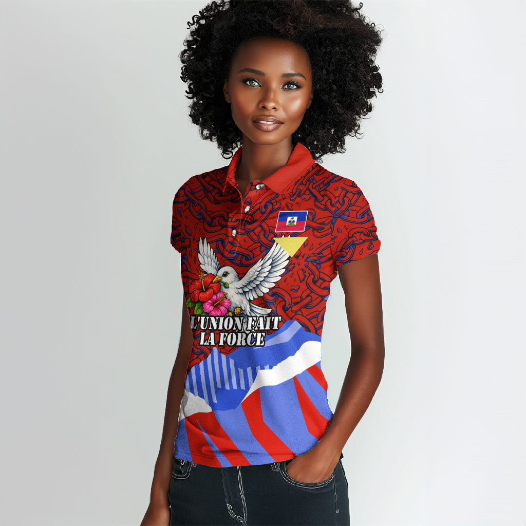 Haiti Flag Day Soul Of The Free L Union Fait La Force Women Polo Shirt Peace Dove And Power Fist Art With Hibiscus And Broken Chains