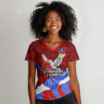 Haiti Flag Day Soul Of The Free L Union Fait La Force Women V-Neck T-Shirt Peace Dove And Power Fist Art With Hibiscus And Broken Chains