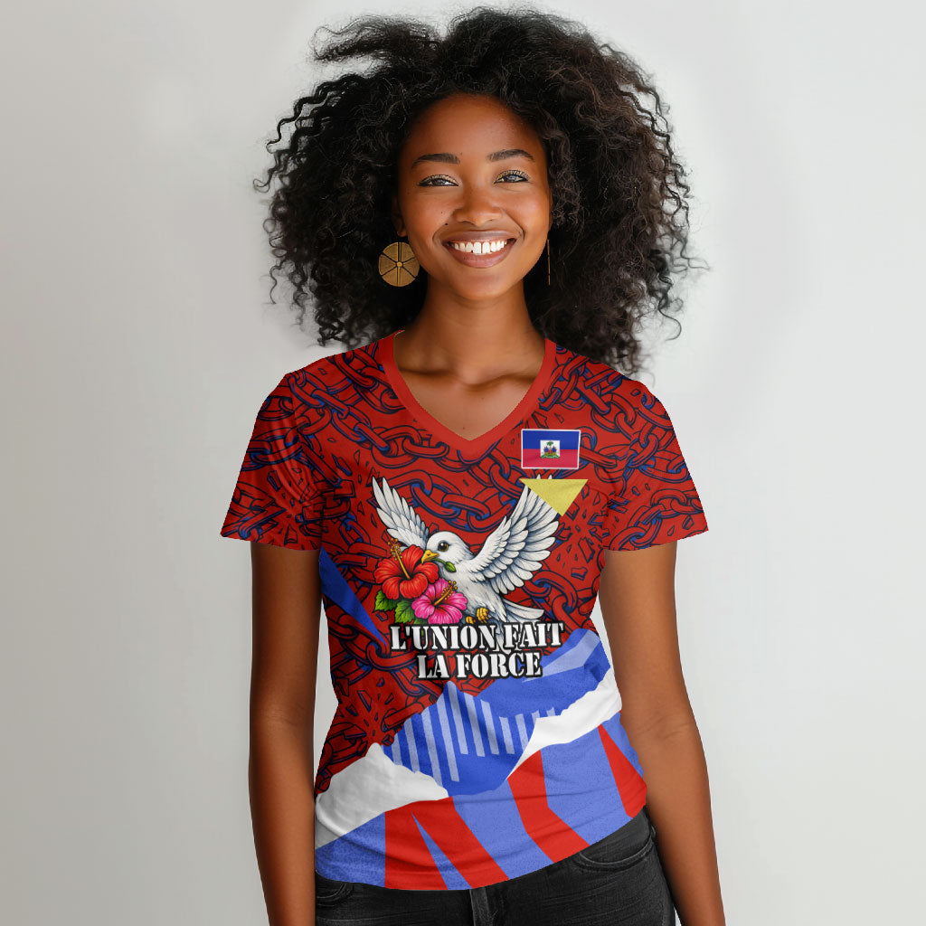 Haiti Flag Day Soul Of The Free L Union Fait La Force Women V-Neck T-Shirt Peace Dove And Power Fist Art With Hibiscus And Broken Chains