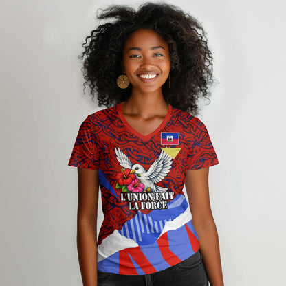Haiti Flag Day Soul Of The Free L Union Fait La Force Women V-Neck T-Shirt Peace Dove And Power Fist Art With Hibiscus And Broken Chains