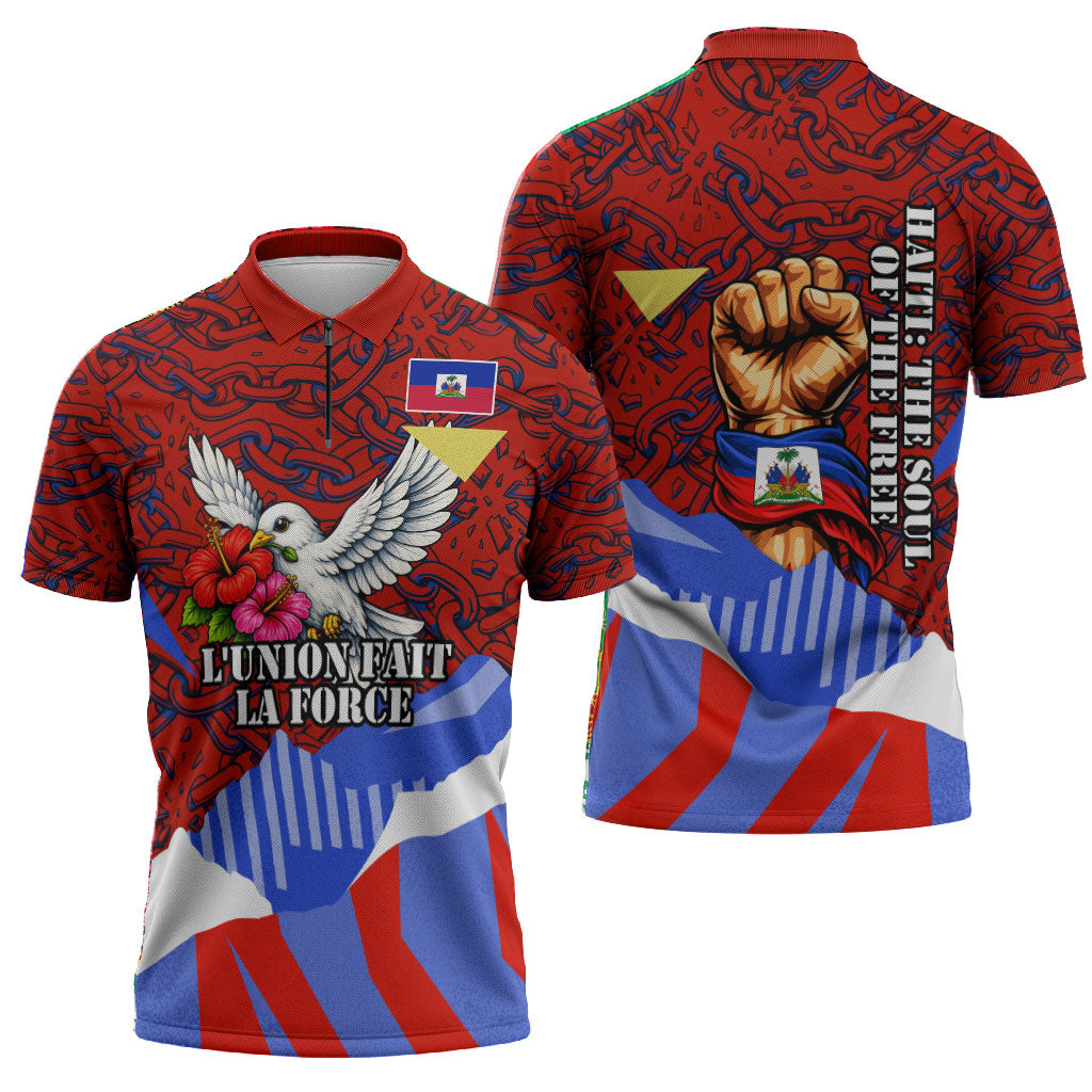 Haiti Flag Day Soul Of The Free L Union Fait La Force Zipper Polo Shirt Peace Dove And Power Fist Art With Hibiscus And Broken Chains