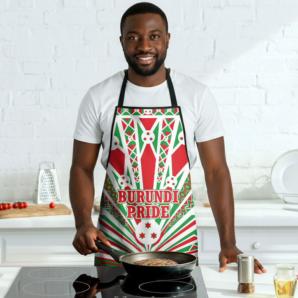 Burundi Pride Beat Of 1962 Independence Day Apron Traditional Karyenda Drummer Art With Flag Sunburst Design