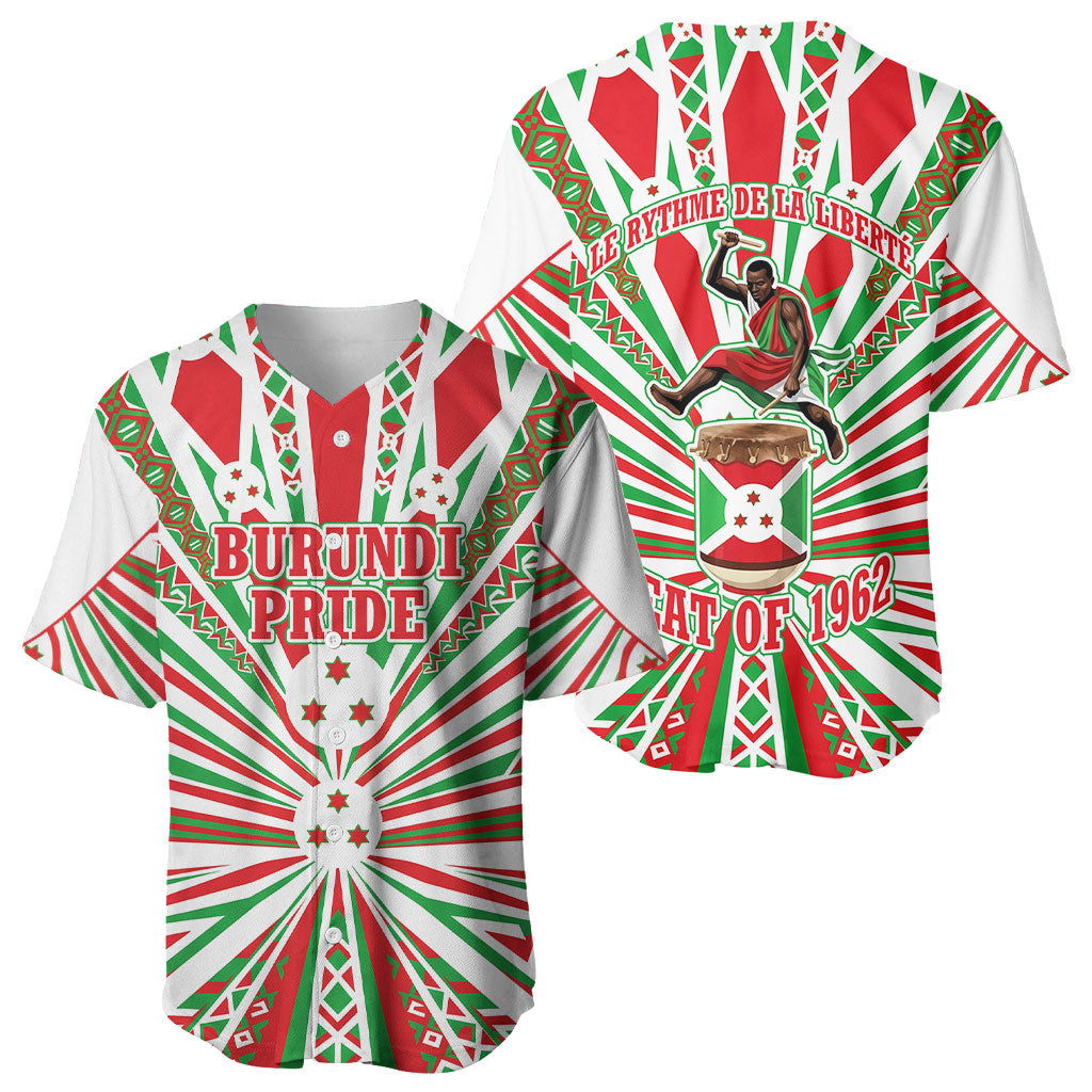 Burundi Pride Beat Of 1962 Independence Day Baseball Jersey Traditional Karyenda Drummer Art With Flag Sunburst Design