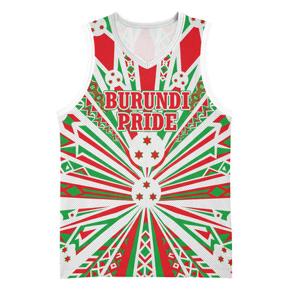 Burundi Pride Beat Of 1962 Independence Day Basketball Jersey Traditional Karyenda Drummer Art With Flag Sunburst Design