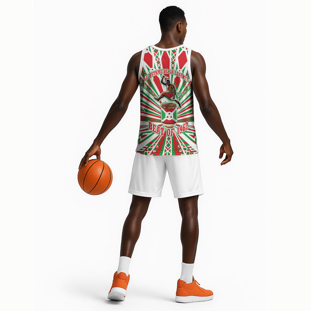 Burundi Pride Beat Of 1962 Independence Day Basketball Jersey Traditional Karyenda Drummer Art With Flag Sunburst Design
