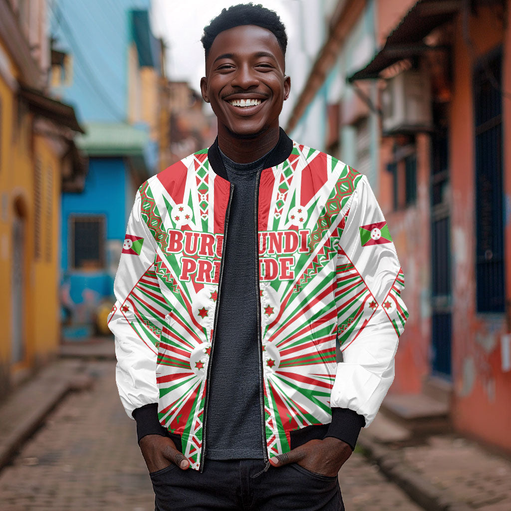 Burundi Pride Beat Of 1962 Independence Day Bomber Jacket Traditional Karyenda Drummer Art With Flag Sunburst Design