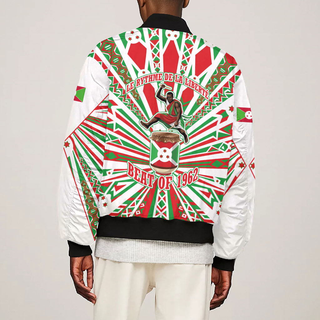 Burundi Pride Beat Of 1962 Independence Day Bomber Jacket Traditional Karyenda Drummer Art With Flag Sunburst Design