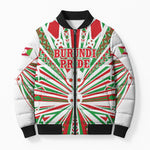 Burundi Pride Beat Of 1962 Independence Day Bomber Puffer Jacket Traditional Karyenda Drummer Art With Flag Sunburst Design