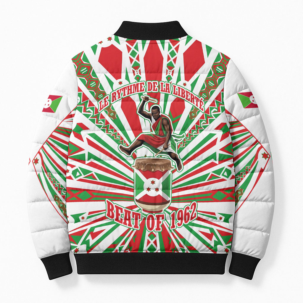 Burundi Pride Beat Of 1962 Independence Day Bomber Puffer Jacket Traditional Karyenda Drummer Art With Flag Sunburst Design