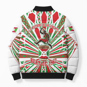 Burundi Pride Beat Of 1962 Independence Day Bomber Puffer Jacket Traditional Karyenda Drummer Art With Flag Sunburst Design