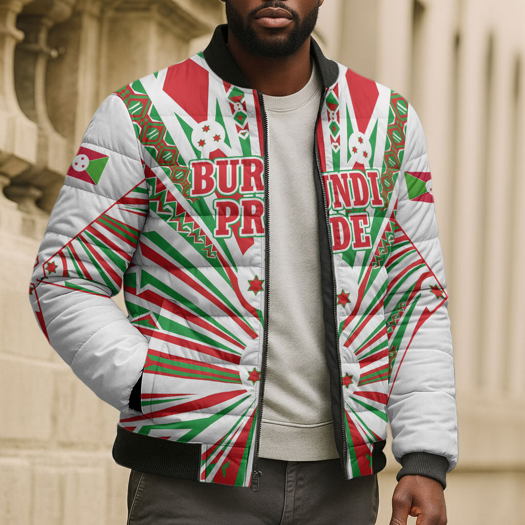 Burundi Pride Beat Of 1962 Independence Day Bomber Puffer Jacket Traditional Karyenda Drummer Art With Flag Sunburst Design