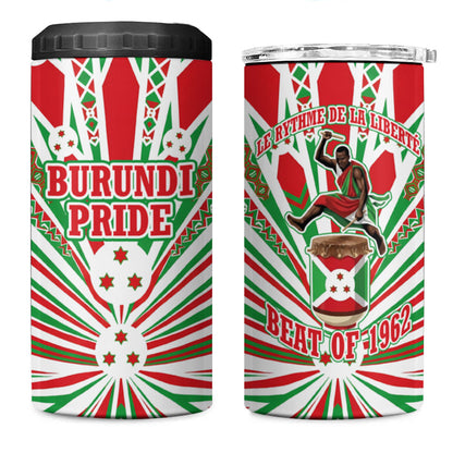 Burundi Pride Beat Of 1962 Independence Day 4 in 1 Can Cooler Tumbler Traditional Karyenda Drummer Art With Flag Sunburst Design