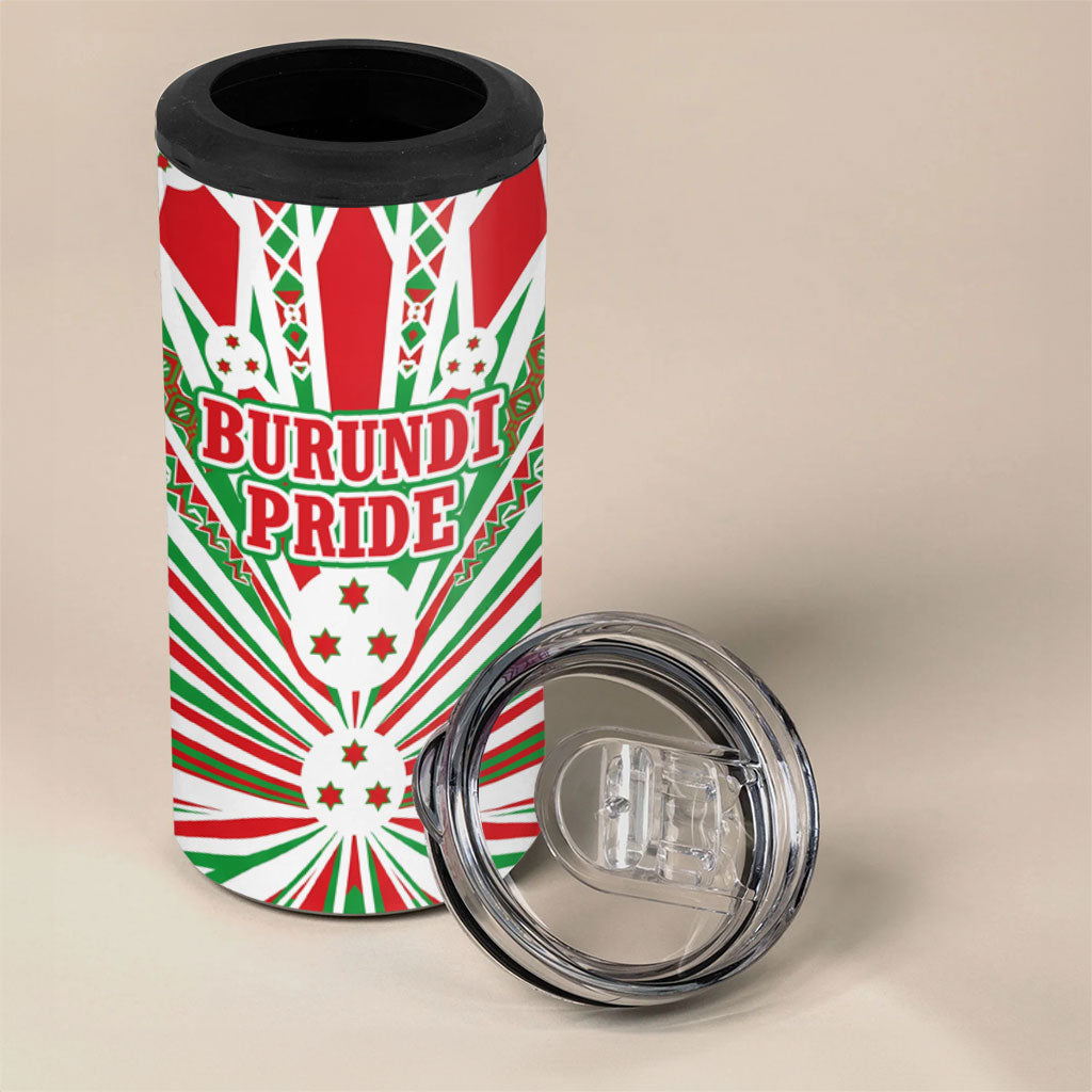 Burundi Pride Beat Of 1962 Independence Day 4 in 1 Can Cooler Tumbler Traditional Karyenda Drummer Art With Flag Sunburst Design
