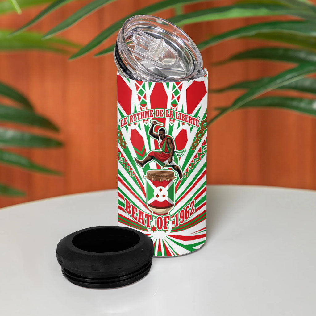 Burundi Pride Beat Of 1962 Independence Day 4 in 1 Can Cooler Tumbler Traditional Karyenda Drummer Art With Flag Sunburst Design