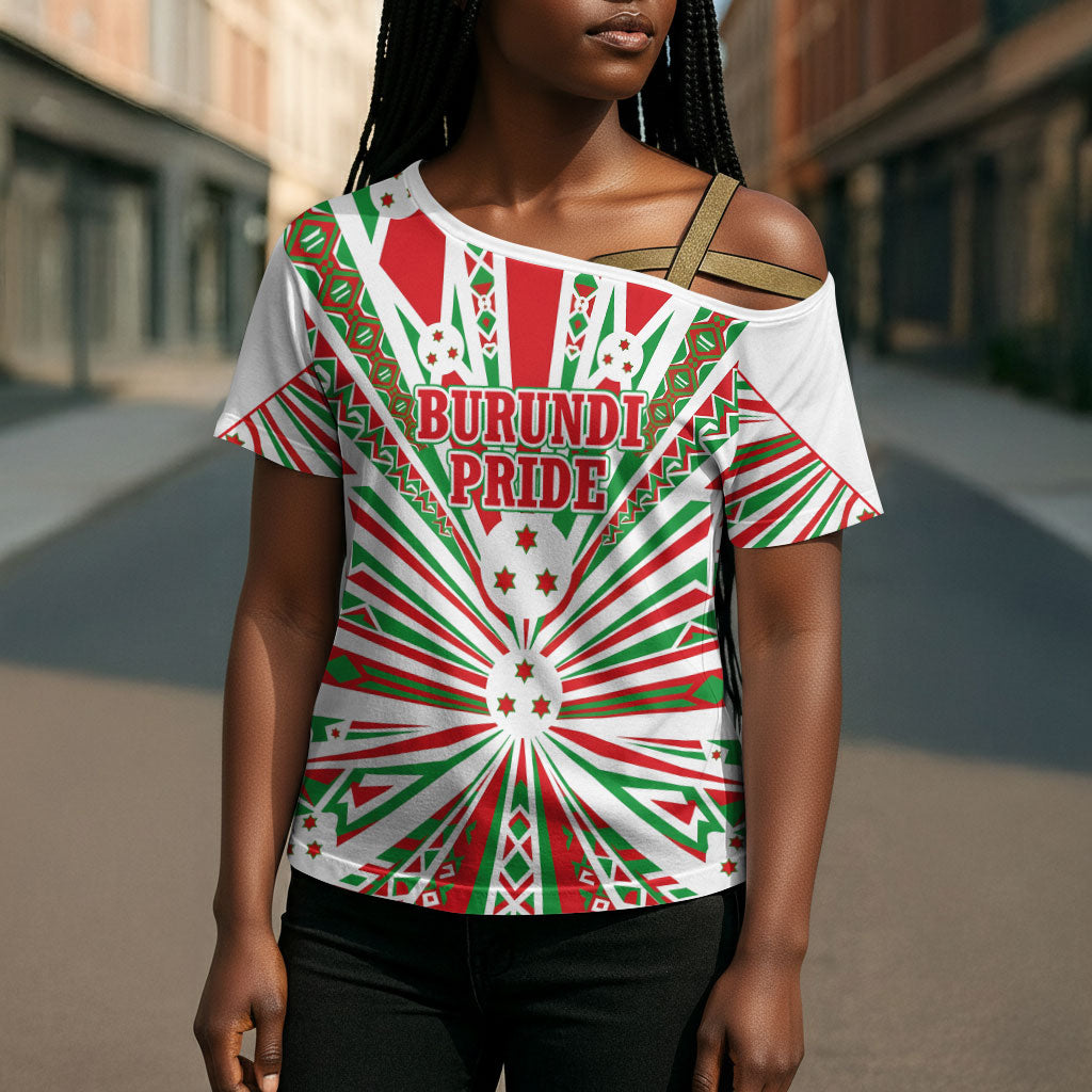 Burundi Pride Beat Of 1962 Independence Day Cross Shoulder Shirt Traditional Karyenda Drummer Art With Flag Sunburst Design