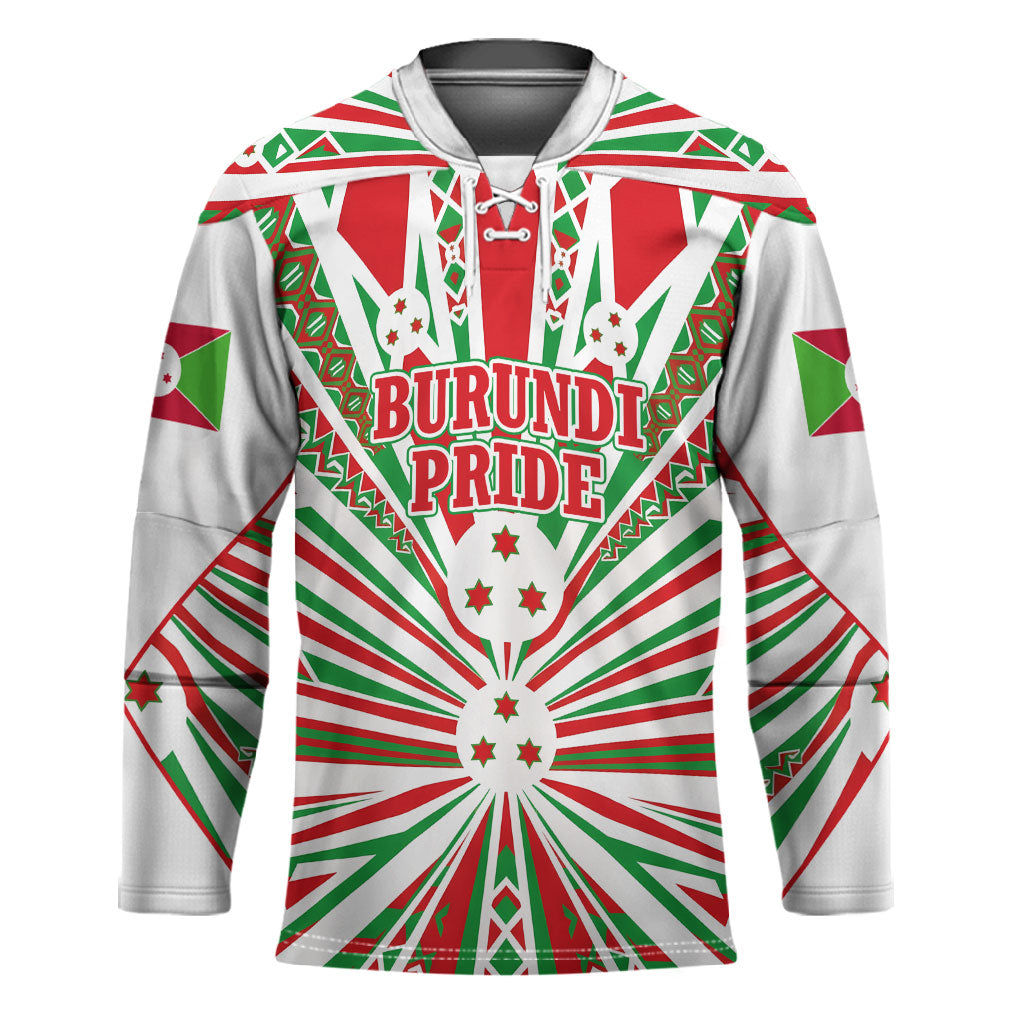 Burundi Pride Beat Of 1962 Independence Day Hockey Jersey Traditional Karyenda Drummer Art With Flag Sunburst Design