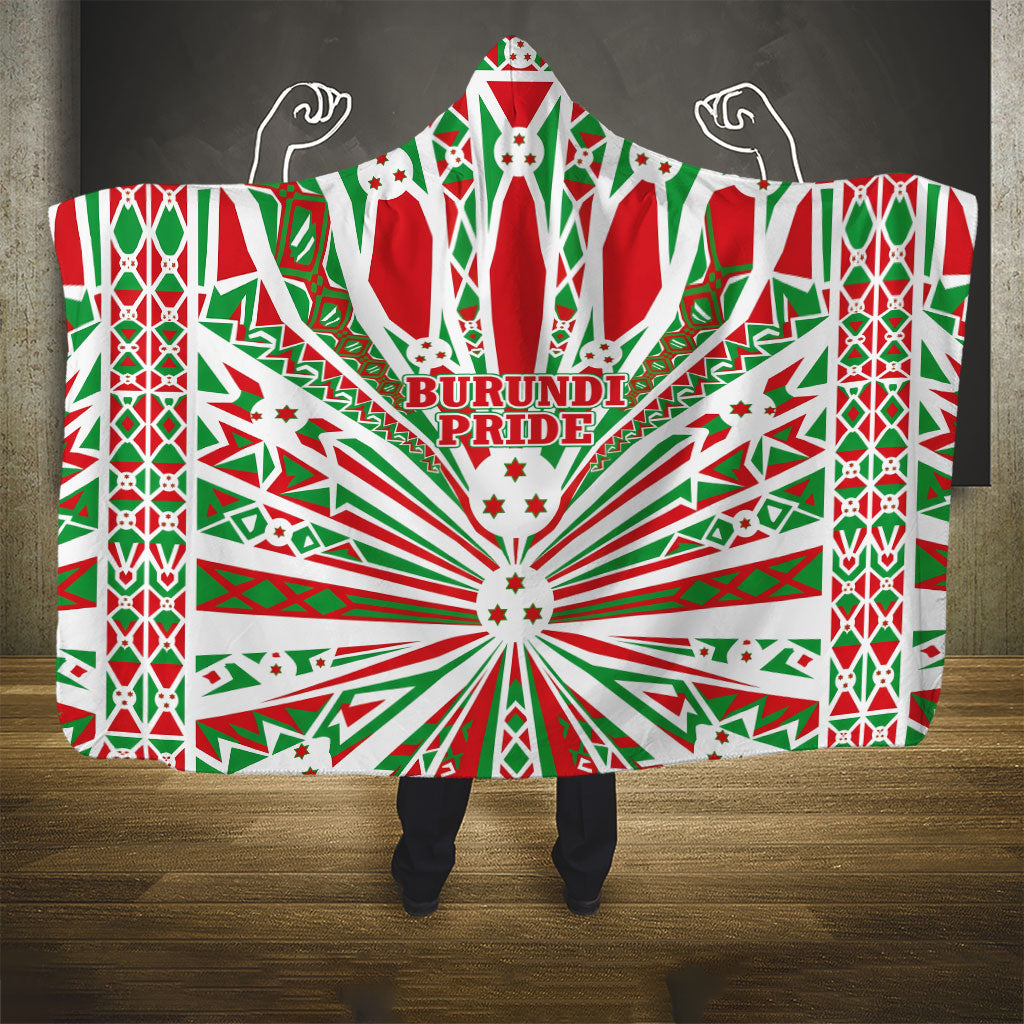 Burundi Pride Beat Of 1962 Independence Day Hooded Blanket Traditional Karyenda Drummer Art With Flag Sunburst Design