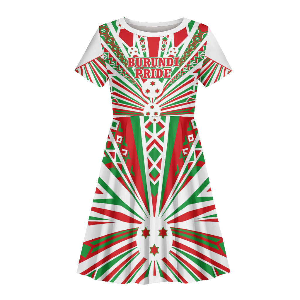 Burundi Pride Beat Of 1962 Independence Day Kid Short Sleeve Dress Traditional Karyenda Drummer Art With Flag Sunburst Design