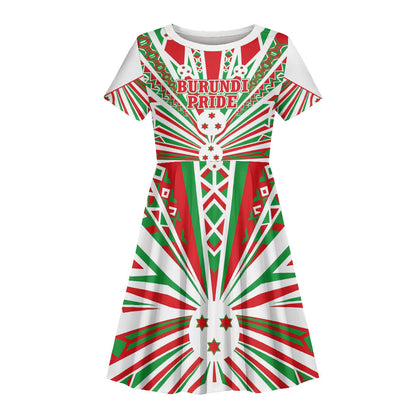 Burundi Pride Beat Of 1962 Independence Day Kid Short Sleeve Dress Traditional Karyenda Drummer Art With Flag Sunburst Design