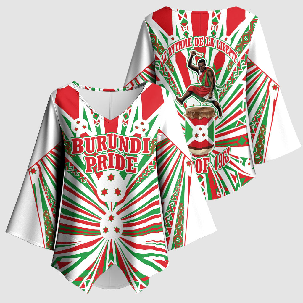 Burundi Pride Beat Of 1962 Independence Day Kimono Sleeve Blouse Traditional Karyenda Drummer Art With Flag Sunburst Design