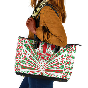 Burundi Pride Beat Of 1962 Independence Day Leather Tote Bag Traditional Karyenda Drummer Art With Flag Sunburst Design