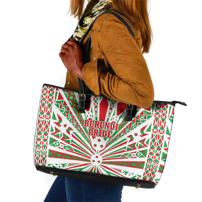 Burundi Pride Beat Of 1962 Independence Day Leather Tote Bag Traditional Karyenda Drummer Art With Flag Sunburst Design