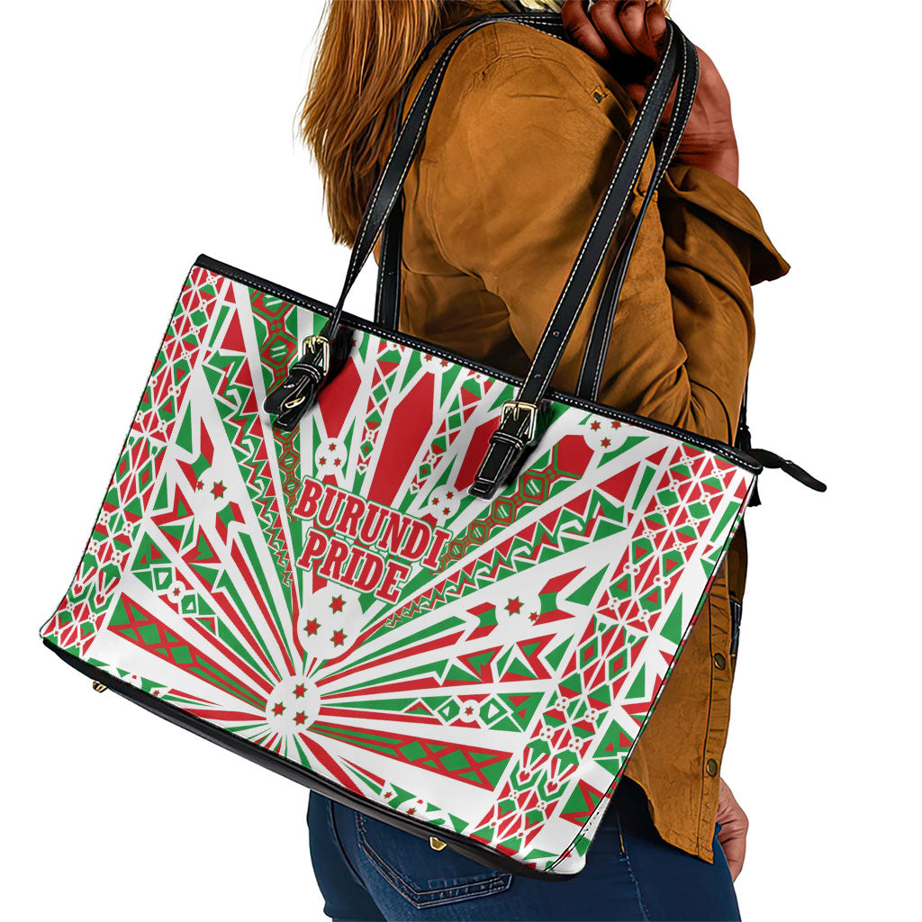 Burundi Pride Beat Of 1962 Independence Day Leather Tote Bag Traditional Karyenda Drummer Art With Flag Sunburst Design