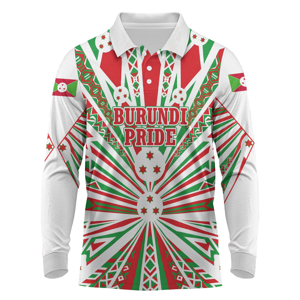 Burundi Pride Beat Of 1962 Independence Day Long Sleeve Polo Shirt Traditional Karyenda Drummer Art With Flag Sunburst Design
