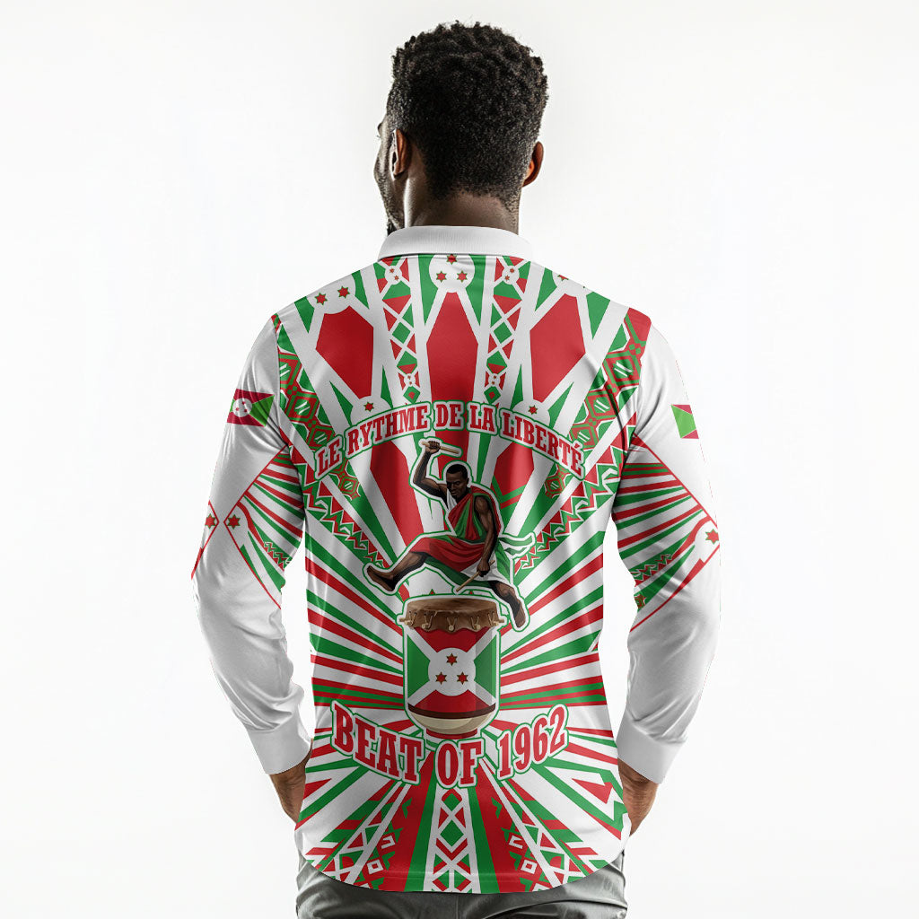 Burundi Pride Beat Of 1962 Independence Day Long Sleeve Polo Shirt Traditional Karyenda Drummer Art With Flag Sunburst Design