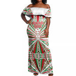 Burundi Pride Beat Of 1962 Independence Day Off Shoulder Maxi Dress Traditional Karyenda Drummer Art With Flag Sunburst Design