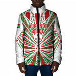 Burundi Pride Beat Of 1962 Independence Day Padded Jacket Traditional Karyenda Drummer Art With Flag Sunburst Design