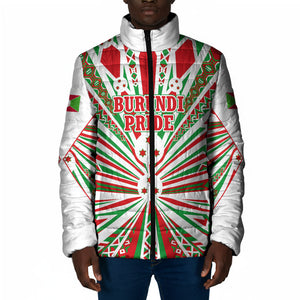Burundi Pride Beat Of 1962 Independence Day Padded Jacket Traditional Karyenda Drummer Art With Flag Sunburst Design