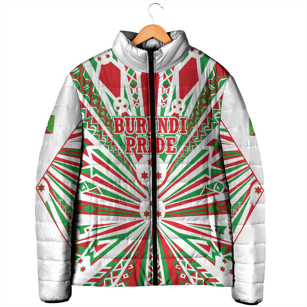 Burundi Pride Beat Of 1962 Independence Day Padded Jacket Traditional Karyenda Drummer Art With Flag Sunburst Design
