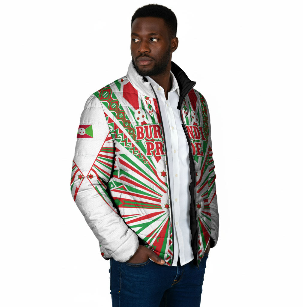 Burundi Pride Beat Of 1962 Independence Day Padded Jacket Traditional Karyenda Drummer Art With Flag Sunburst Design