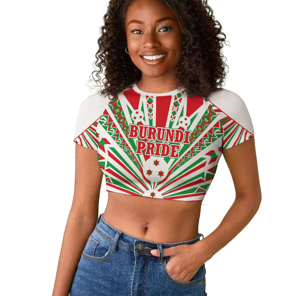 Burundi Pride Beat Of 1962 Independence Day Raglan Cropped T shirt Traditional Karyenda Drummer Art With Flag Sunburst Design