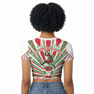 Burundi Pride Beat Of 1962 Independence Day Raglan Cropped T shirt Traditional Karyenda Drummer Art With Flag Sunburst Design