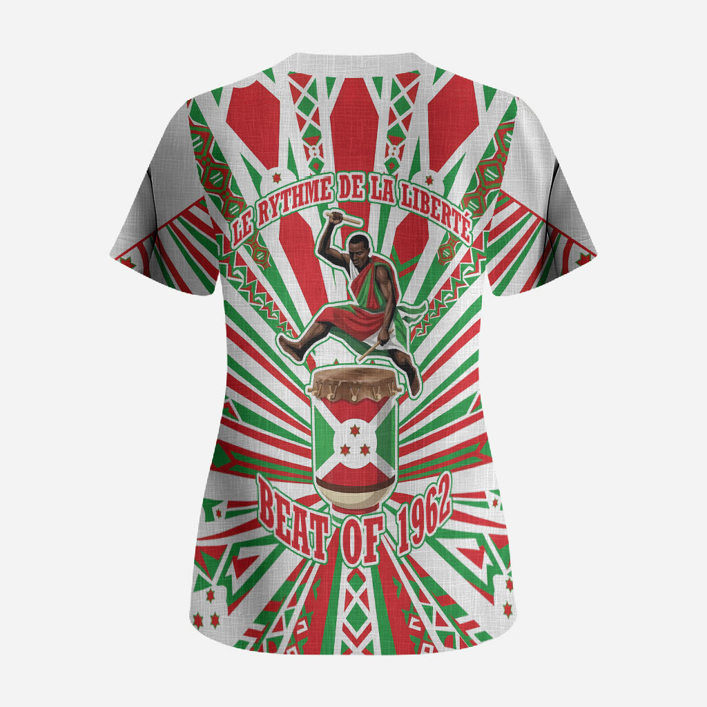 Burundi Pride Beat Of 1962 Independence Day Scrub Top Traditional Karyenda Drummer Art With Flag Sunburst Design