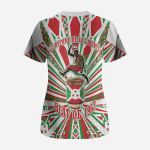 Burundi Pride Beat Of 1962 Independence Day Scrub Top Traditional Karyenda Drummer Art With Flag Sunburst Design