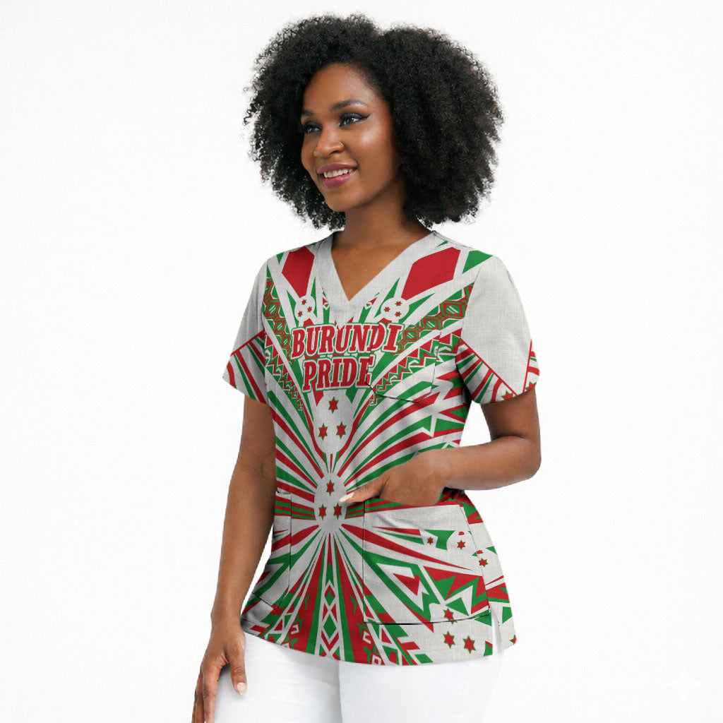 Burundi Pride Beat Of 1962 Independence Day Scrub Top Traditional Karyenda Drummer Art With Flag Sunburst Design