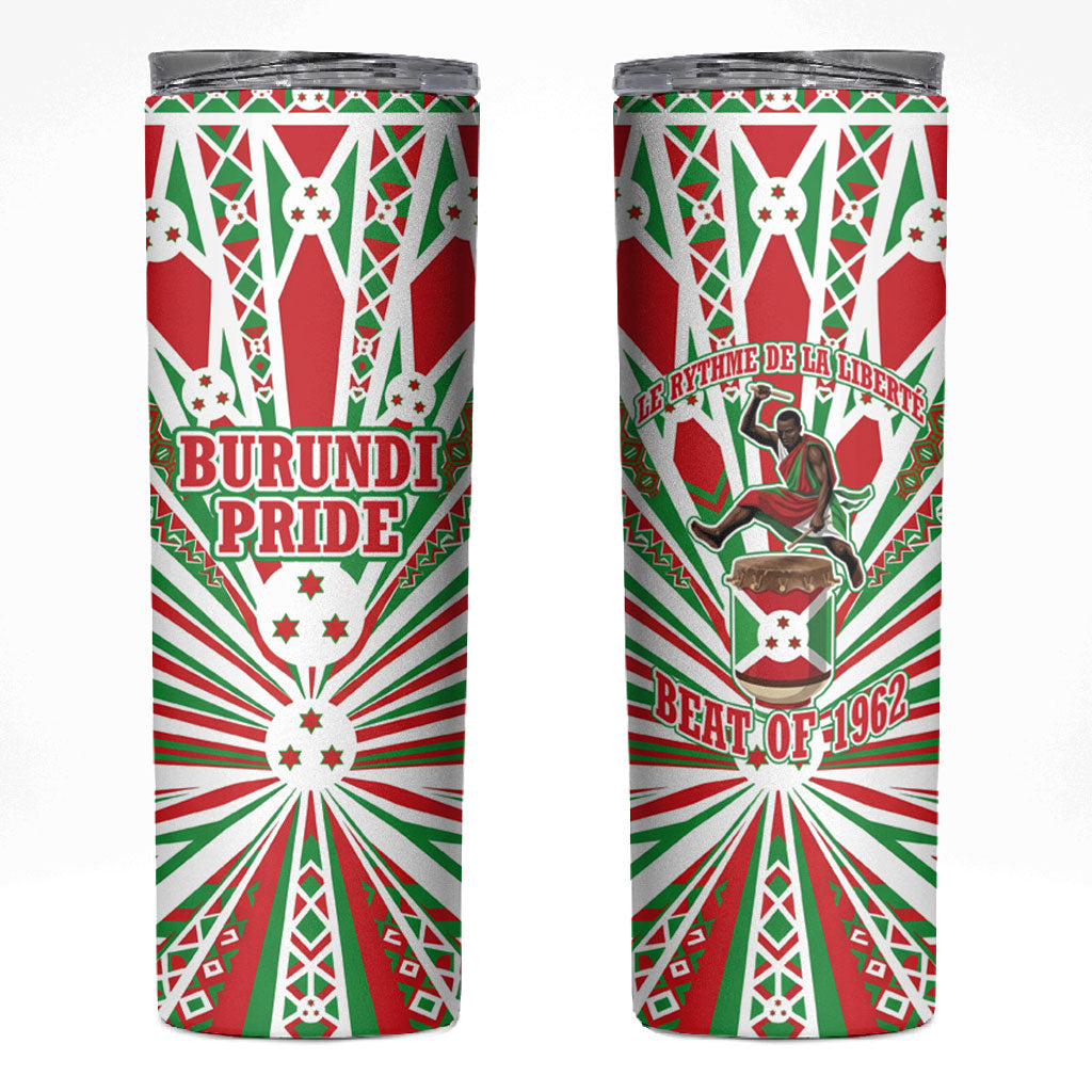Burundi Pride Beat Of 1962 Independence Day Skinny Tumbler Traditional Karyenda Drummer Art With Flag Sunburst Design