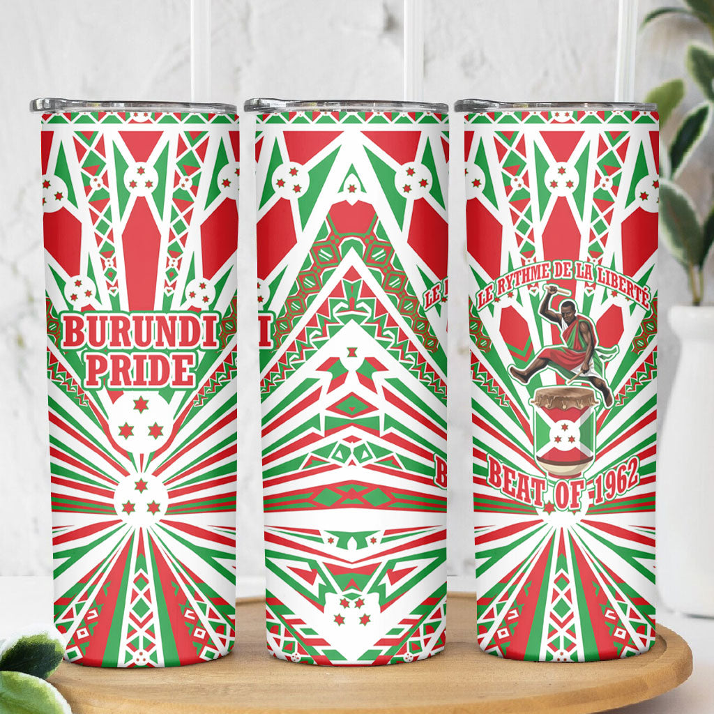 Burundi Pride Beat Of 1962 Independence Day Skinny Tumbler Traditional Karyenda Drummer Art With Flag Sunburst Design