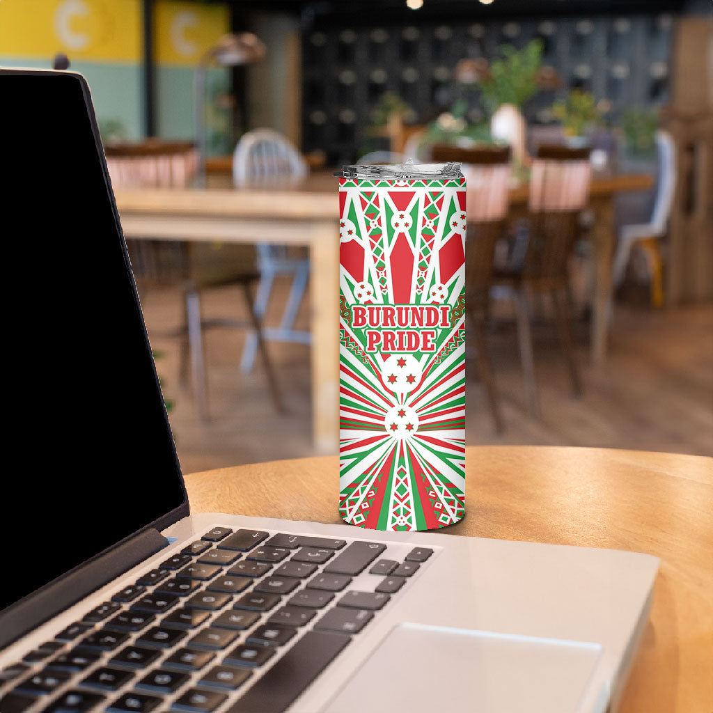 Burundi Pride Beat Of 1962 Independence Day Skinny Tumbler Traditional Karyenda Drummer Art With Flag Sunburst Design