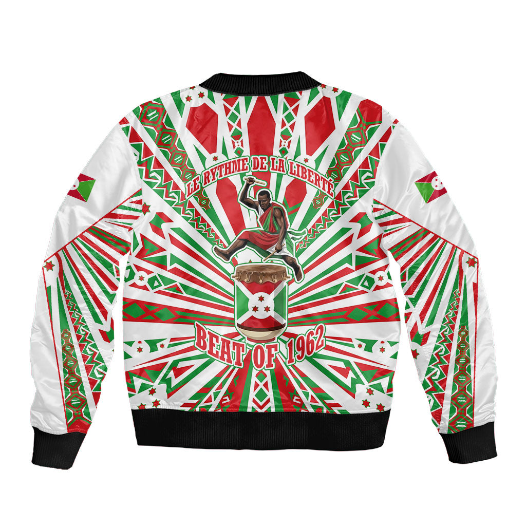Burundi Pride Beat Of 1962 Independence Day Sleeve Zip Bomber Jacket Traditional Karyenda Drummer Art With Flag Sunburst Design