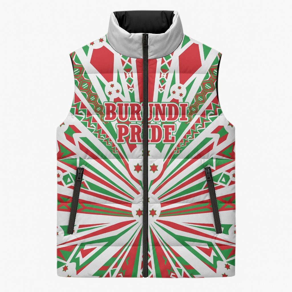Burundi Pride Beat Of 1962 Independence Day Sleeveless Puffer Jacket Traditional Karyenda Drummer Art With Flag Sunburst Design