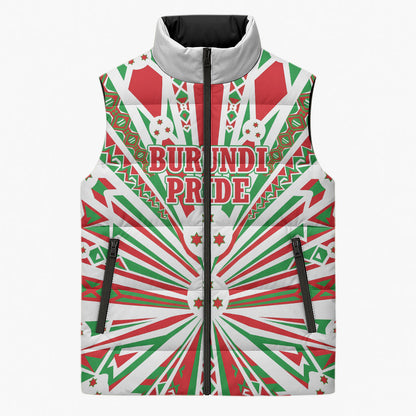 Burundi Pride Beat Of 1962 Independence Day Sleeveless Puffer Jacket Traditional Karyenda Drummer Art With Flag Sunburst Design