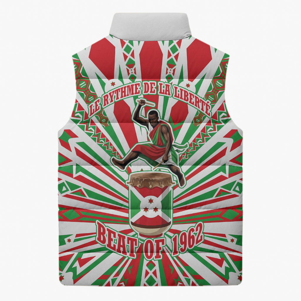 Burundi Pride Beat Of 1962 Independence Day Sleeveless Puffer Jacket Traditional Karyenda Drummer Art With Flag Sunburst Design